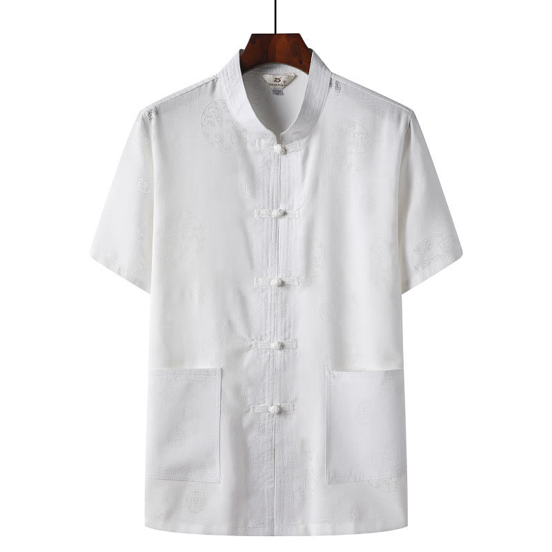 Frog-Button Fu Character Dragon Bamboo Leaf Chinese Tang Suit Short Sleeve Shirt Linen With Pockets