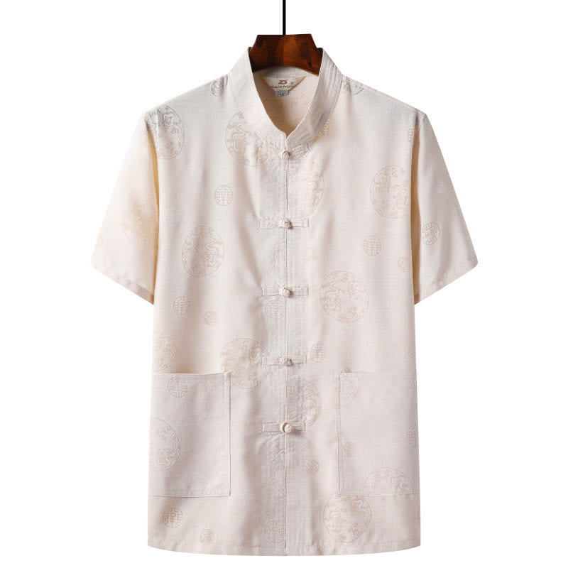 Frog-Button Fu Character Dragon Bamboo Leaf Chinese Tang Suit Short Sleeve Shirt Linen With Pockets