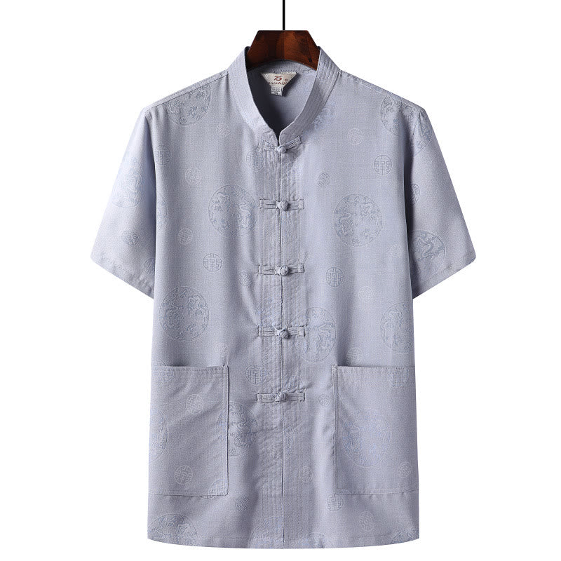 Frog-Button Fu Character Dragon Bamboo Leaf Chinese Tang Suit Short Sleeve Shirt Linen With Pockets