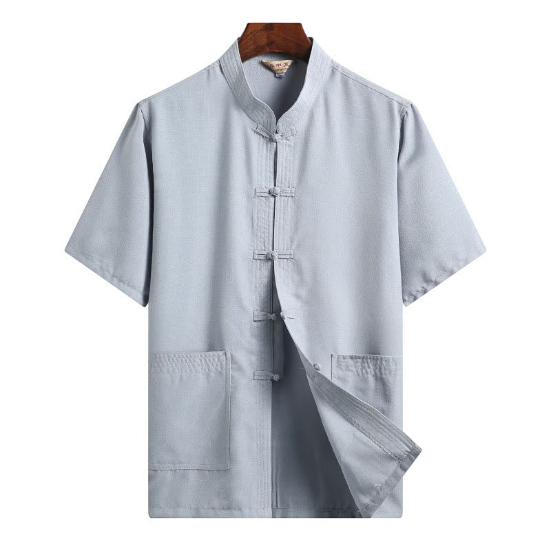 Frog-Button Fu Character Dragon Bamboo Leaf Chinese Tang Suit Short Sleeve Shirt Linen With Pockets