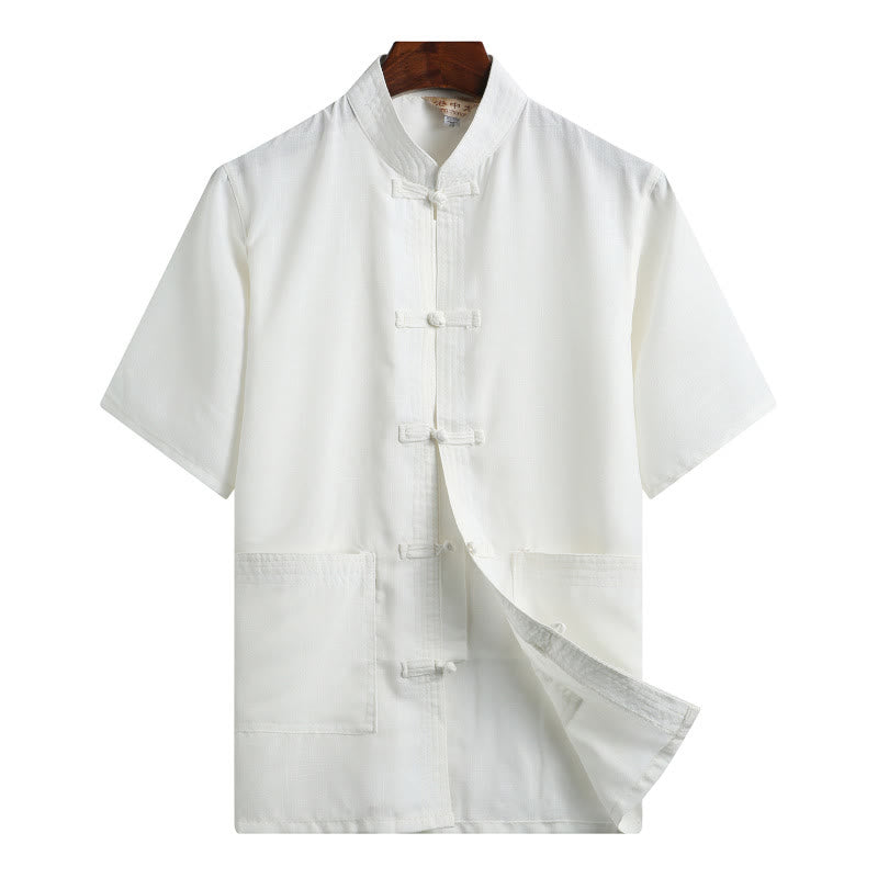 Frog-Button Fu Character Dragon Bamboo Leaf Chinese Tang Suit Short Sleeve Shirt Linen With Pockets