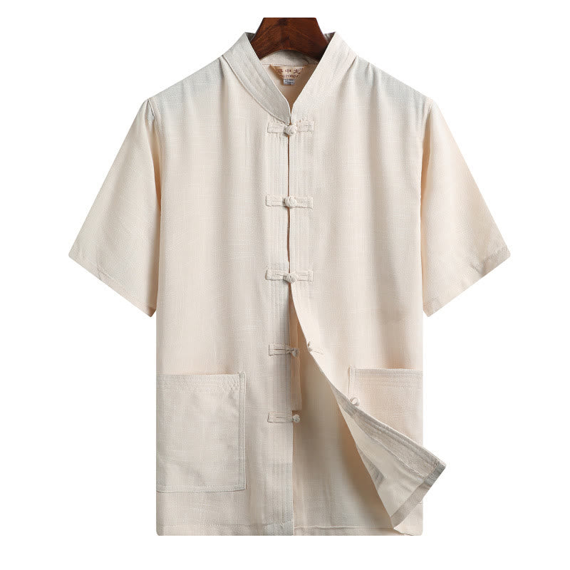 Frog-Button Fu Character Dragon Bamboo Leaf Chinese Tang Suit Short Sleeve Shirt Linen With Pockets