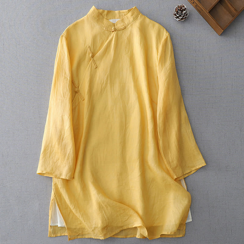Solid Color Frog-Button Three Quarter Sleeve Double Layer Cotton Linen Shirt