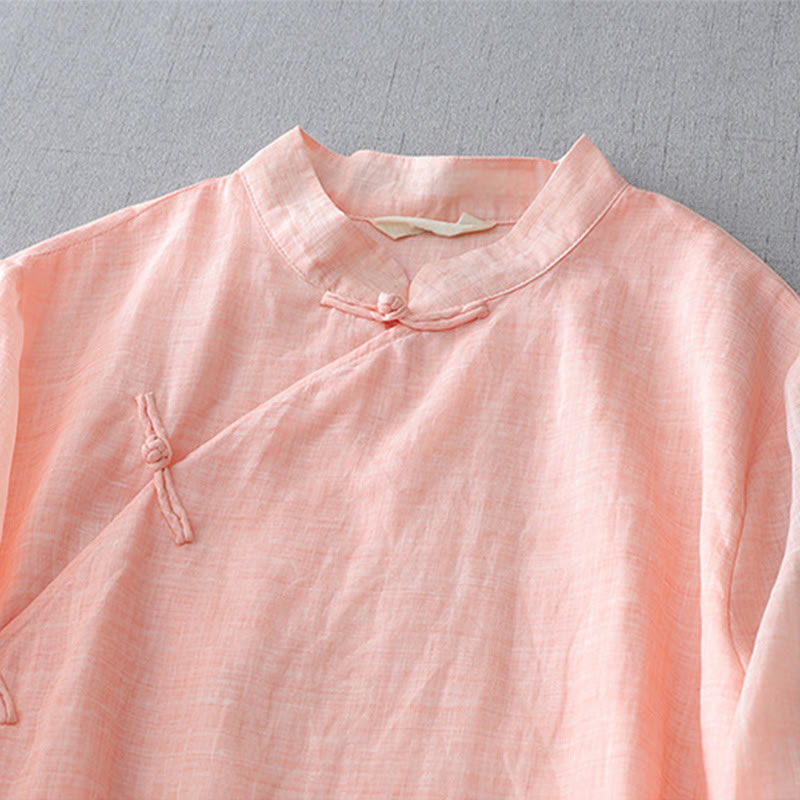 Solid Color Frog-Button Three Quarter Sleeve Double Layer Cotton Linen Shirt