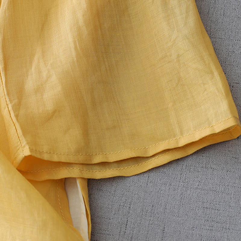 Solid Color Frog-Button Three Quarter Sleeve Double Layer Cotton Linen Shirt