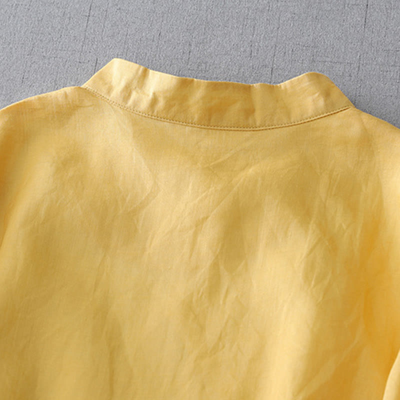 Solid Color Frog-Button Three Quarter Sleeve Double Layer Cotton Linen Shirt