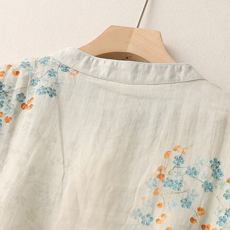 Blue Flowers Orange Leaves Frog-Button Three Quarter Sleeve Cotton Linen Shirt