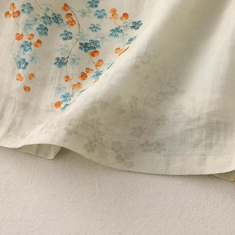 Blue Flowers Orange Leaves Frog-Button Three Quarter Sleeve Cotton Linen Shirt