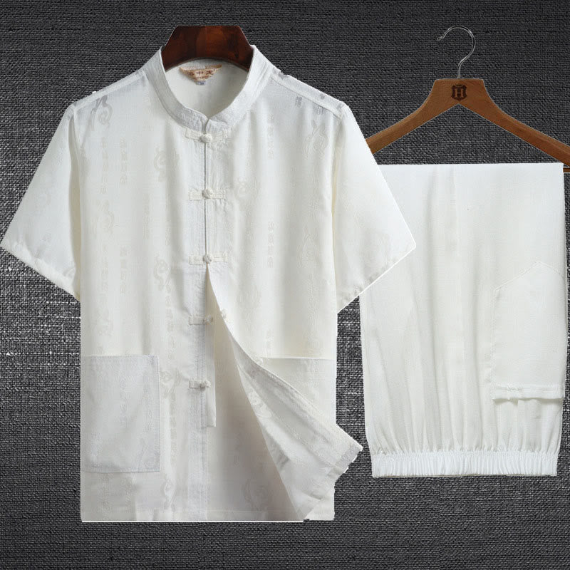 2Pcs Frog-Button Fu Character Dragon Bamboo Leaf Short Sleeve Shirt Pants Men's Set