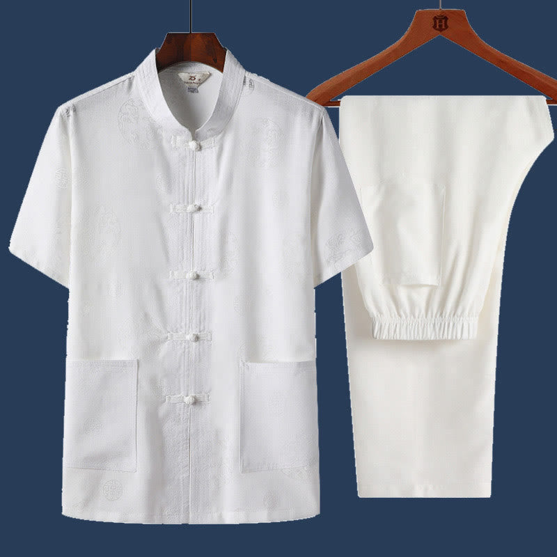 2Pcs Frog-Button Fu Character Dragon Bamboo Leaf Short Sleeve Shirt Pants Men's Set