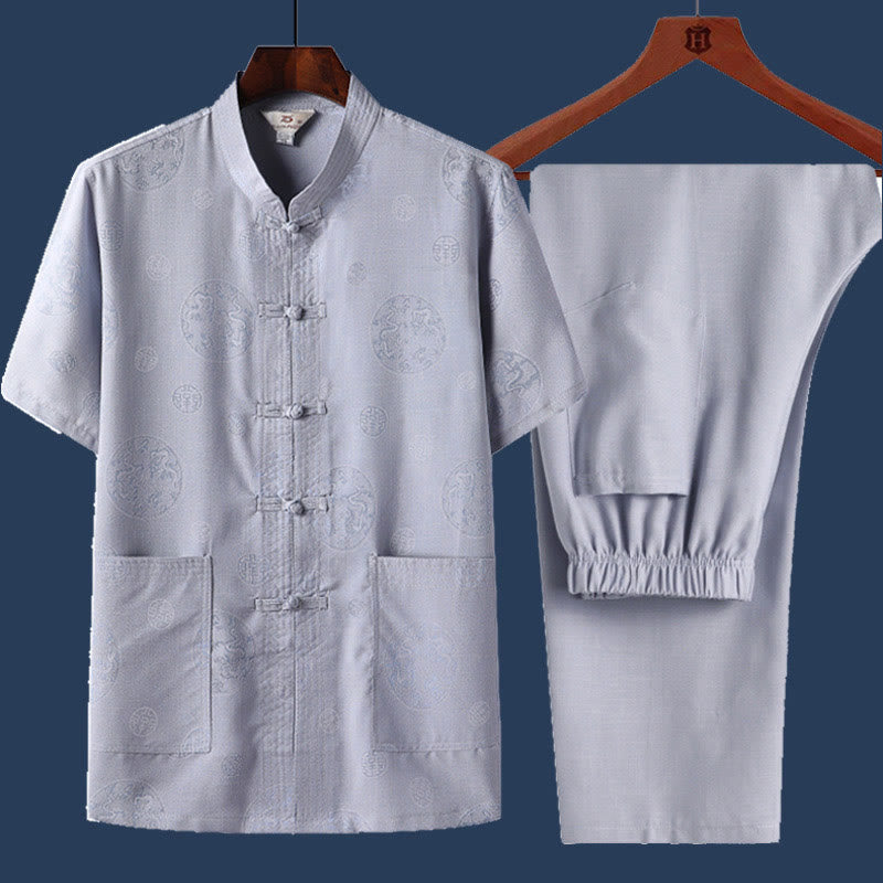 2Pcs Frog-Button Fu Character Dragon Bamboo Leaf Short Sleeve Shirt Pants Men's Set