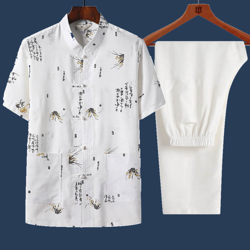 2Pcs Frog-Button Fu Character Dragon Bamboo Leaf Short Sleeve Shirt Pants Men's Set