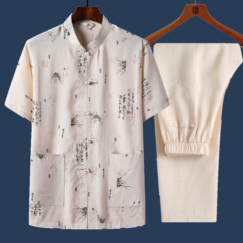 2Pcs Frog-Button Fu Character Dragon Bamboo Leaf Short Sleeve Shirt Pants Men's Set