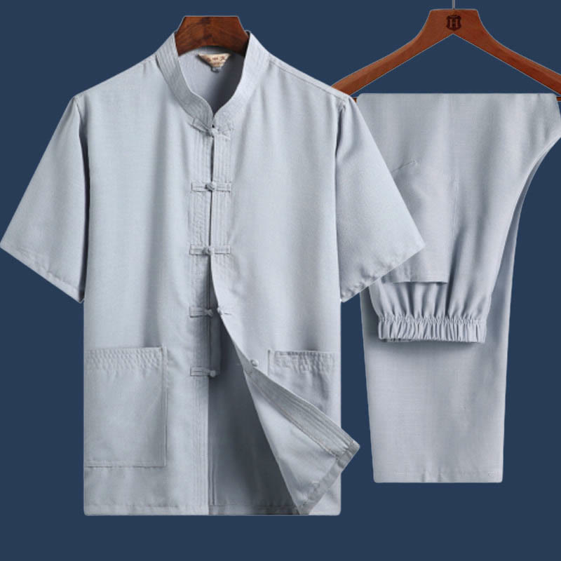 2Pcs Frog-Button Fu Character Dragon Bamboo Leaf Short Sleeve Shirt Pants Men's Set