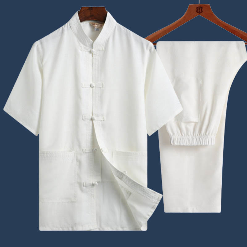 2Pcs Frog-Button Fu Character Dragon Bamboo Leaf Short Sleeve Shirt Pants Men's Set