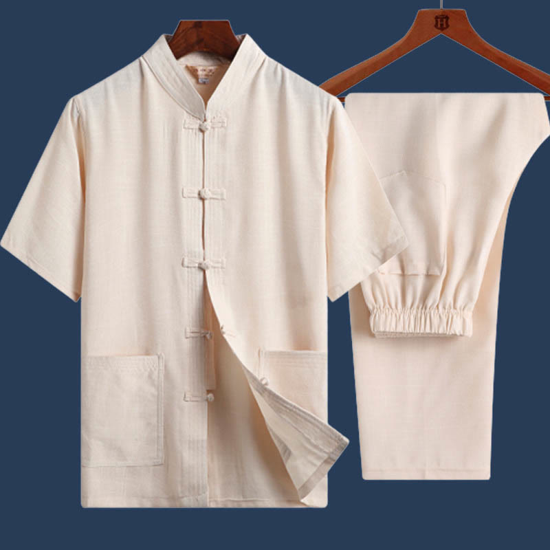 2Pcs Frog-Button Fu Character Dragon Bamboo Leaf Short Sleeve Shirt Pants Men's Set