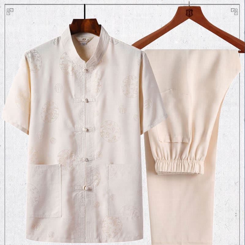 2Pcs Frog-Button Fu Character Dragon Bamboo Leaf Short Sleeve Shirt Pants Men's Set