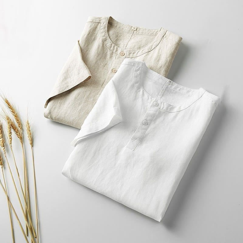 Summer Men's Solid Color Button Short Sleeve Cotton Linen Shirt