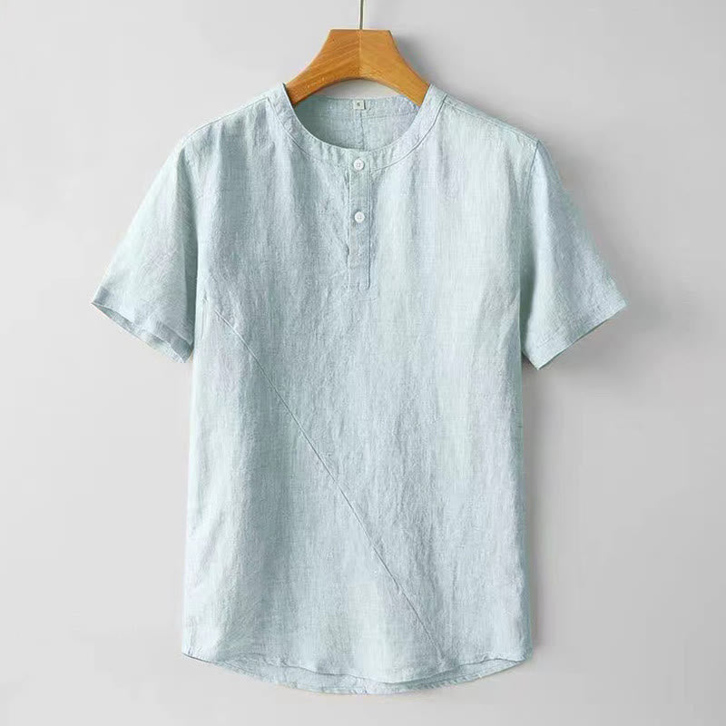 Summer Men's Solid Color Button Short Sleeve Cotton Linen Shirt