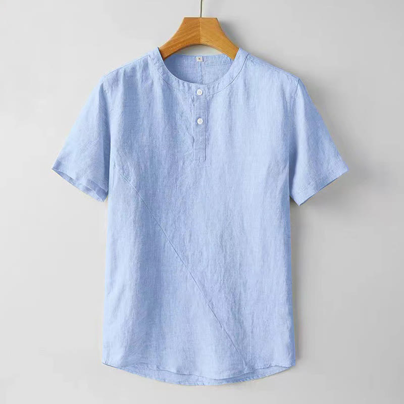 Summer Men's Solid Color Button Short Sleeve Cotton Linen Shirt