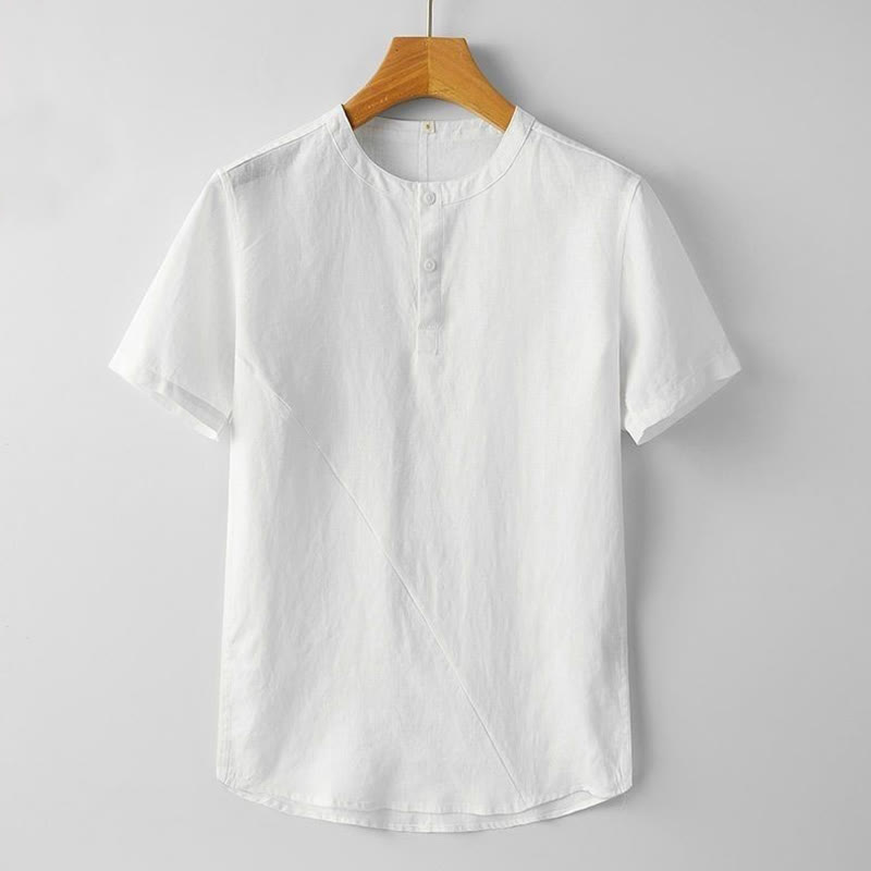 Summer Men's Solid Color Button Short Sleeve Cotton Linen Shirt
