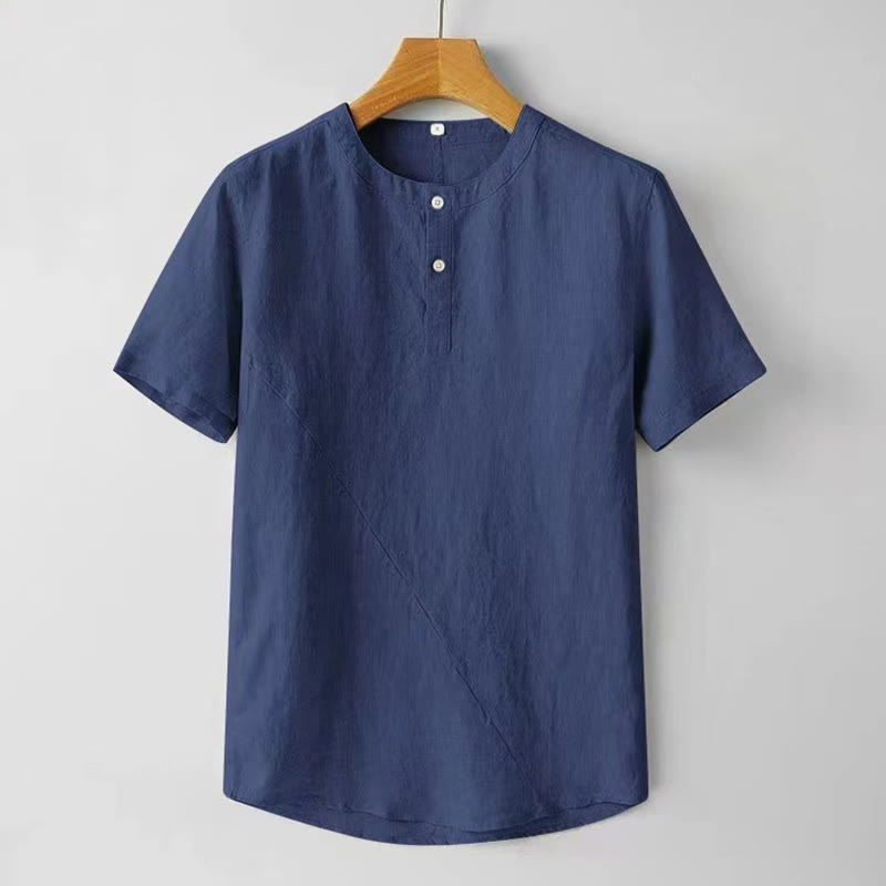 Summer Men's Solid Color Button Short Sleeve Cotton Linen Shirt