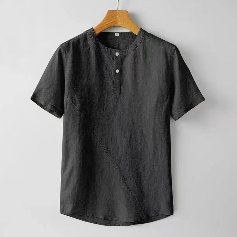 Summer Men's Solid Color Button Short Sleeve Cotton Linen Shirt