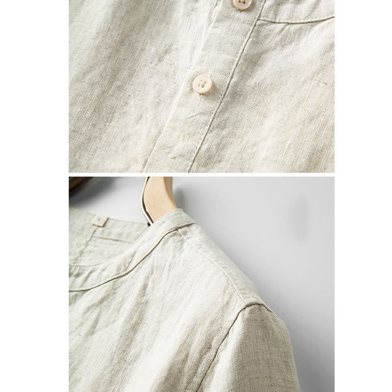 Summer Men's Solid Color Button Short Sleeve Cotton Linen Shirt
