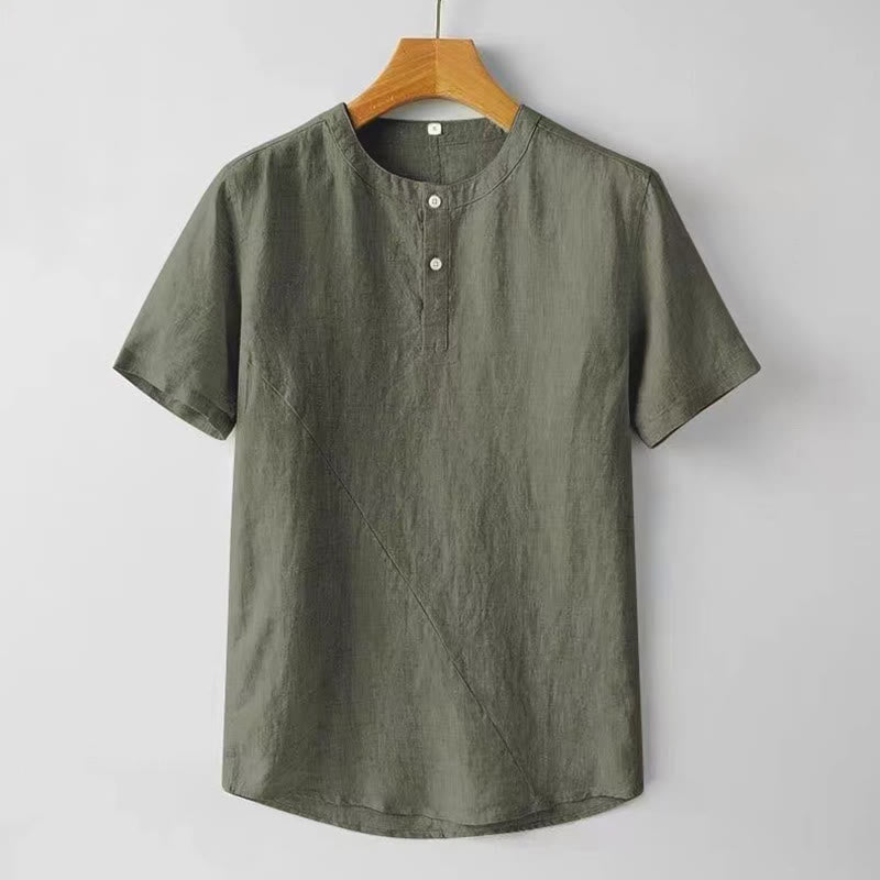 Summer Men's Solid Color Button Short Sleeve Cotton Linen Shirt