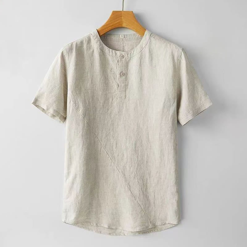 Summer Men's Solid Color Button Short Sleeve Cotton Linen Shirt