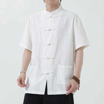 Frog-Button Chinese Tang Suit Short Sleeve Shirt Linen Men Clothing With Pockets