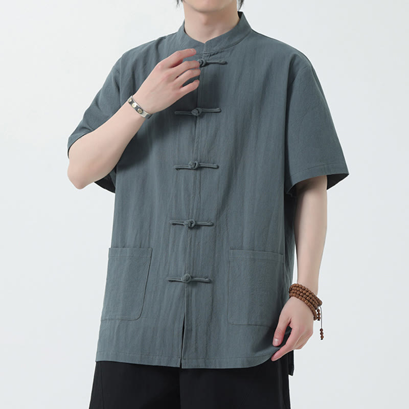 Frog-Button Chinese Tang Suit Short Sleeve Shirt Linen Men Clothing With Pockets
