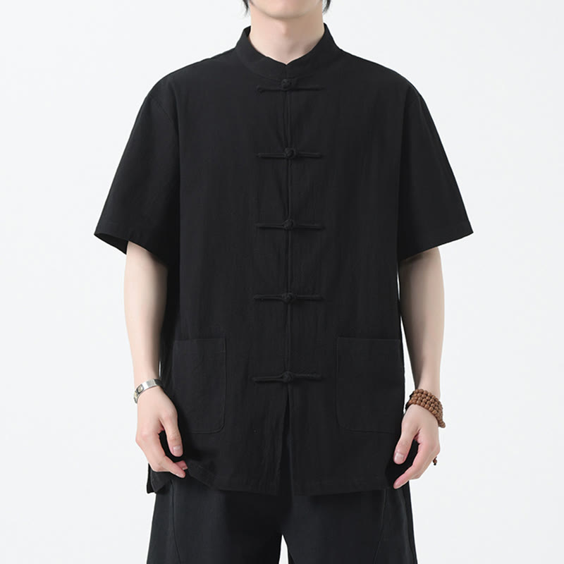 Frog-Button Chinese Tang Suit Short Sleeve Shirt Linen Men Clothing With Pockets