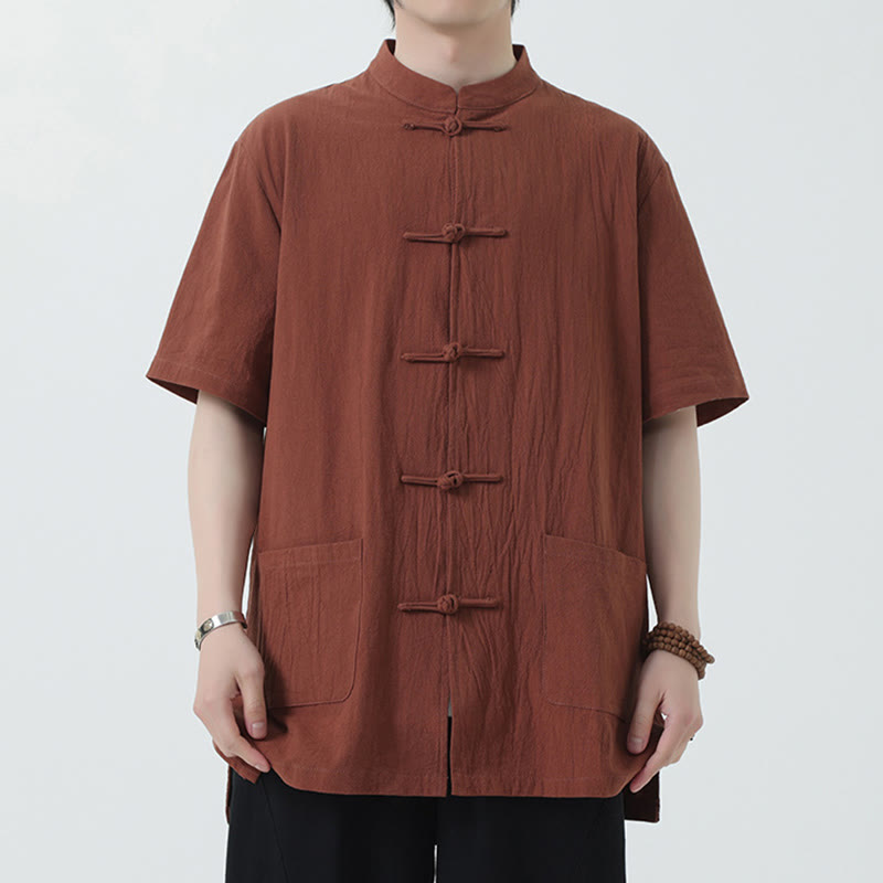 Frog-Button Chinese Tang Suit Short Sleeve Shirt Linen Men Clothing With Pockets