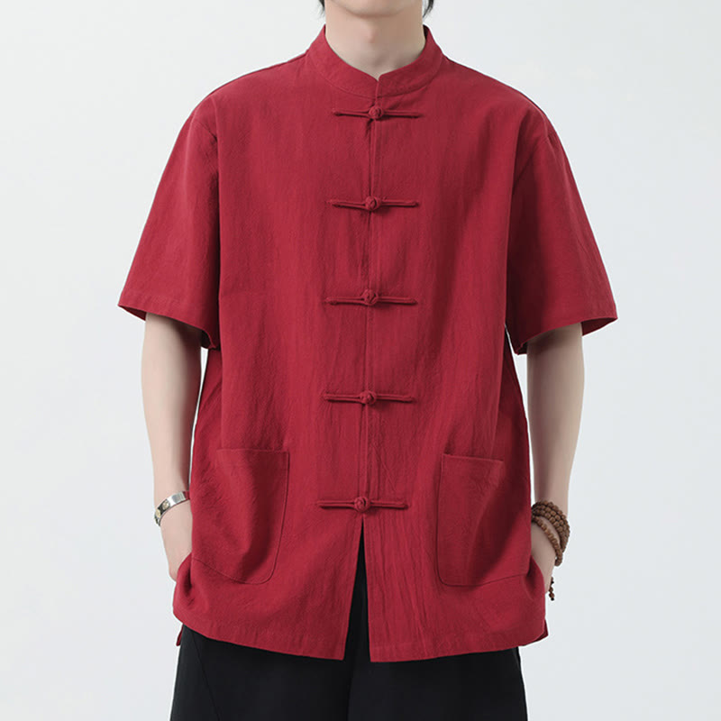 Frog-Button Chinese Tang Suit Short Sleeve Shirt Linen Men Clothing With Pockets