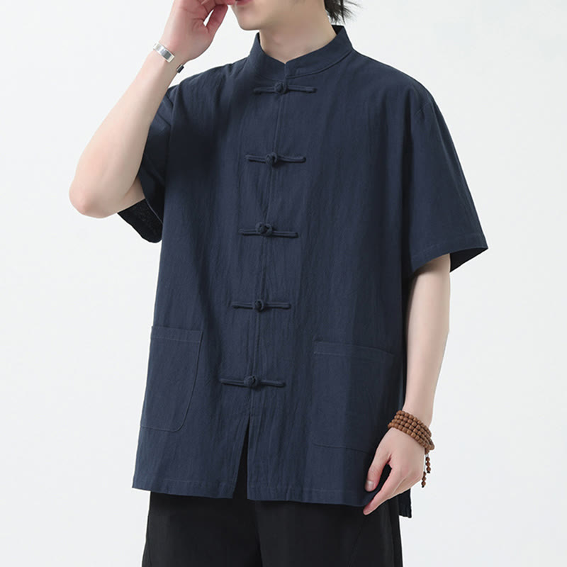 Frog-Button Chinese Tang Suit Short Sleeve Shirt Linen Men Clothing With Pockets