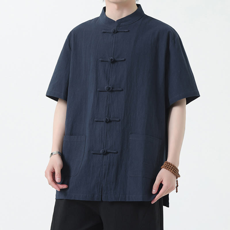 Frog-Button Chinese Tang Suit Short Sleeve Shirt Linen Men Clothing With Pockets