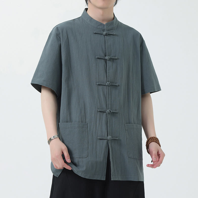 Frog-Button Chinese Tang Suit Short Sleeve Shirt Linen Men Clothing With Pockets