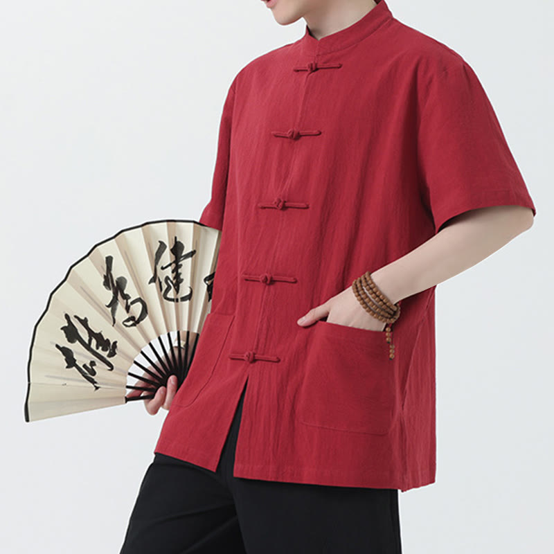 Frog-Button Chinese Tang Suit Short Sleeve Shirt Linen Men Clothing With Pockets