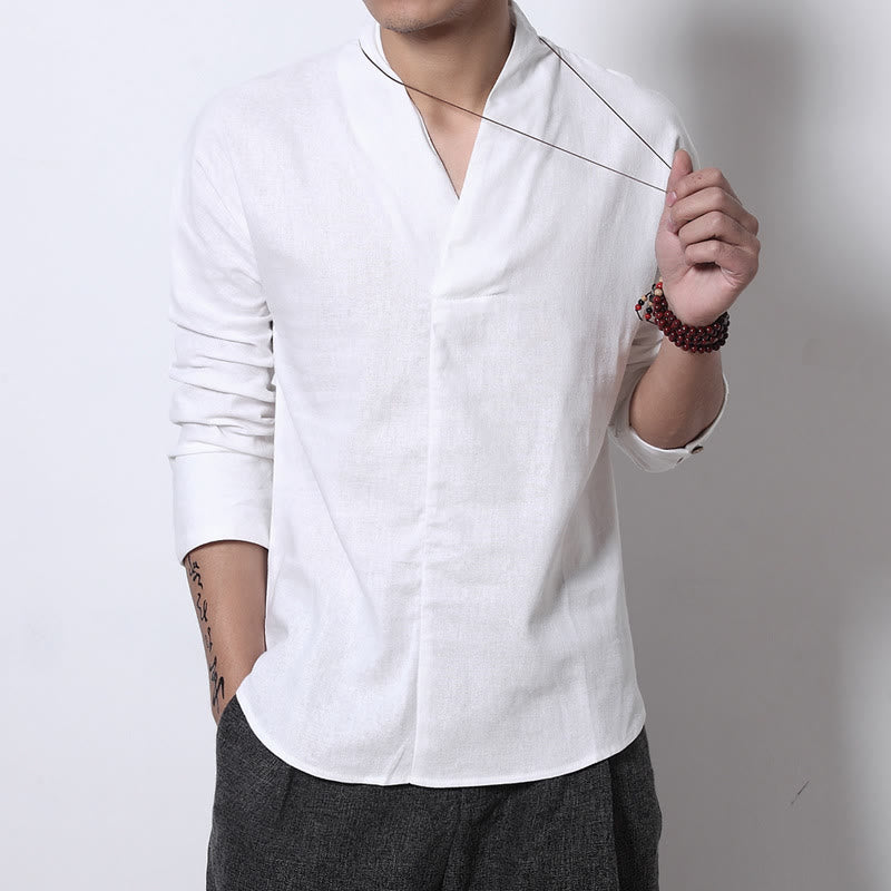 Structured Linen V-Neck Meditation Long Sleeve Men's Shirt