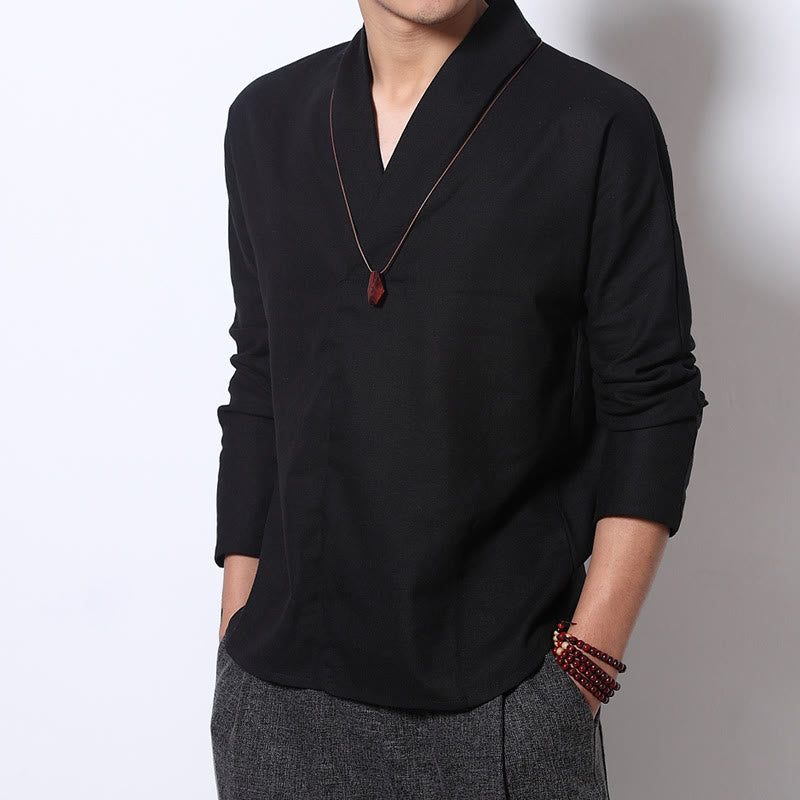 Structured Linen V-Neck Meditation Long Sleeve Men's Shirt