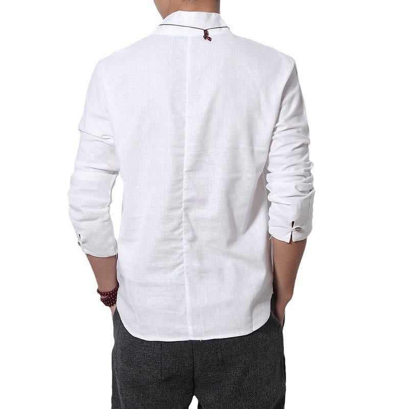 Structured Linen V-Neck Meditation Long Sleeve Men's Shirt