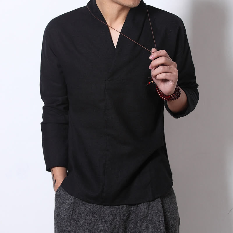 Structured Linen V-Neck Meditation Long Sleeve Men's Shirt