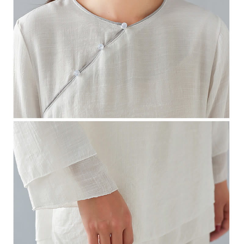 2Pcs Three Quarter Sleeve Long Sleeve Shirt Wide Leg Pants Meditation Cotton Linen Clothing Women's Set