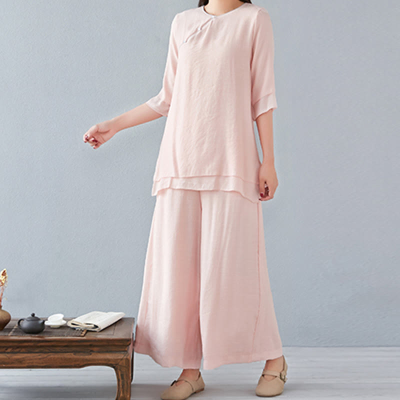 2Pcs Three Quarter Sleeve Long Sleeve Shirt Wide Leg Pants Meditation Cotton Linen Clothing Women's Set