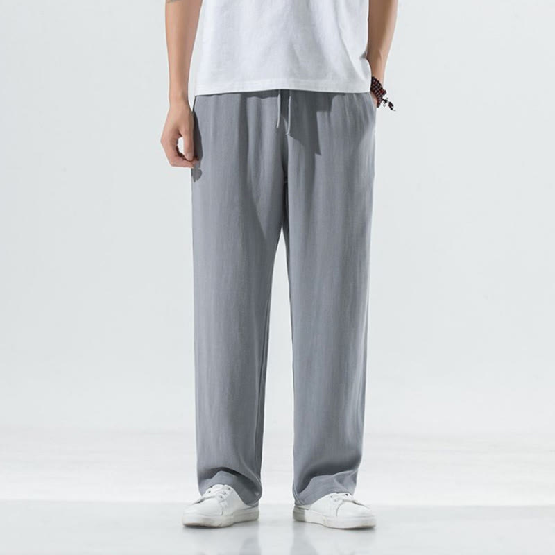 Solid Color Cotton Linen Men's Wide Leg Pants With Pockets