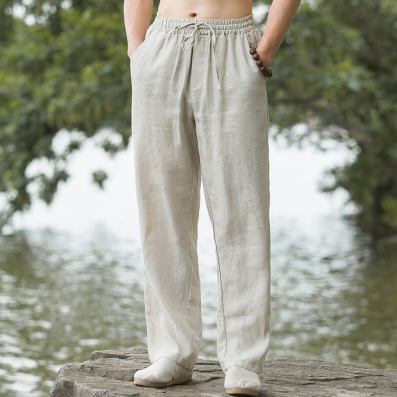 Solid Color Cotton Linen Men's Wide Leg Pants With Pockets