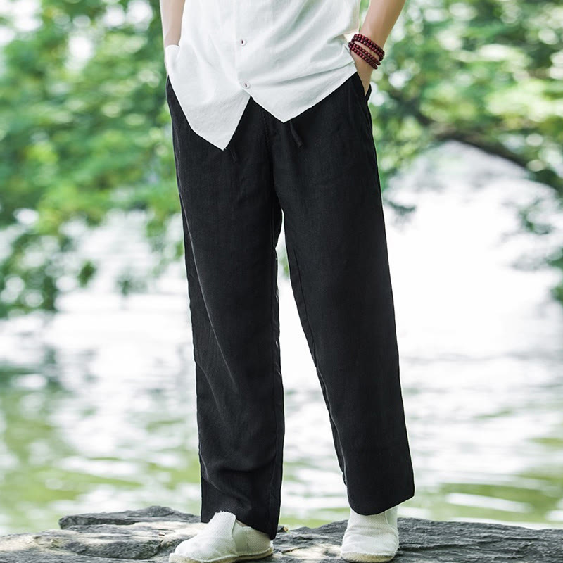 Solid Color Cotton Linen Men's Wide Leg Pants With Pockets