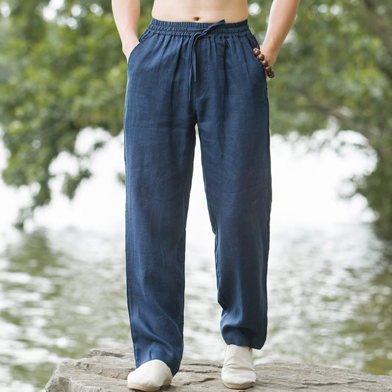 Solid Color Cotton Linen Men's Wide Leg Pants With Pockets