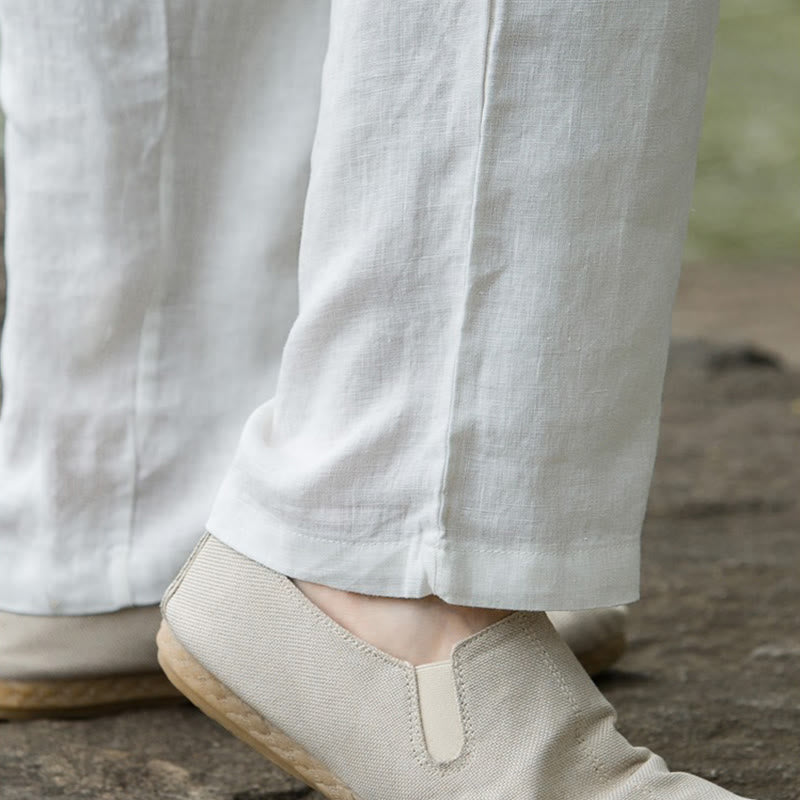 Solid Color Cotton Linen Men's Wide Leg Pants With Pockets